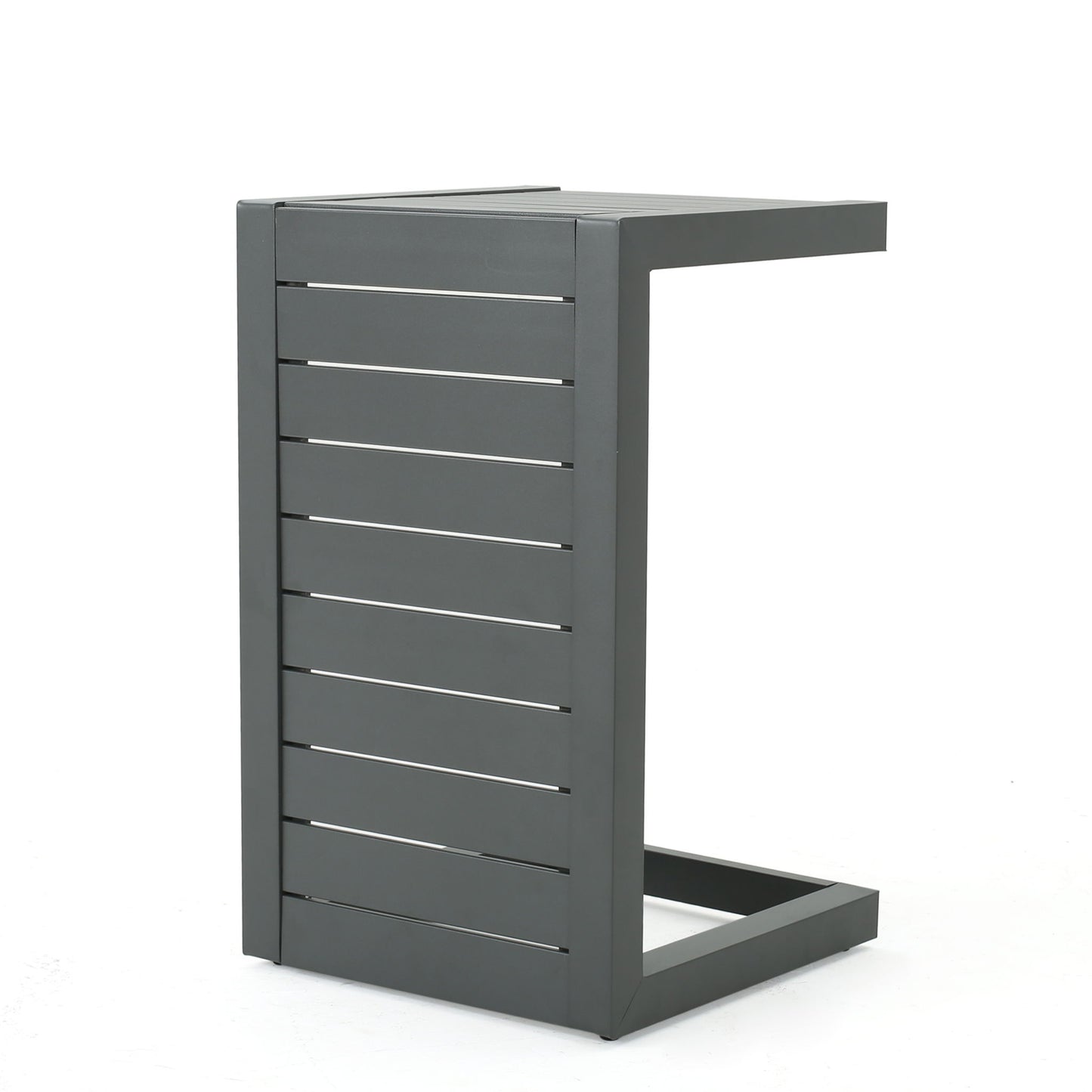 The Aluminum Outdoor C-Shaped Side Table for Patio features a modern, rectangular, dark gray metal design with slatted sides and an open base, shown against a plain white background.
