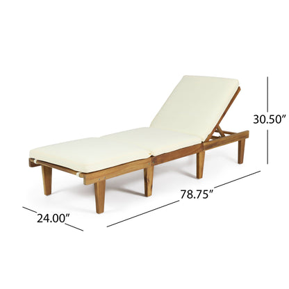 The Ariana Wood Chaise Lounge with Cushion is an outdoor wooden lounge featuring cream cushions and measuring 78.75" L x 24" W x 30.5" H at the backrest.