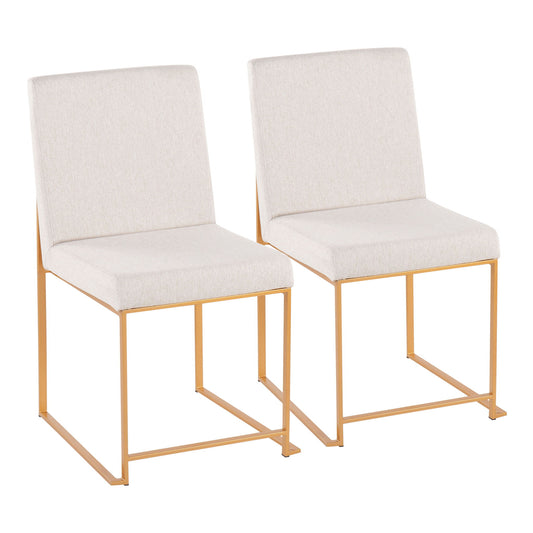 The Fuji - Contemporary Stylish Frame, High Back Dining Chair (Set of 2) features two modern chairs with light beige upholstered seats and backs, and sleek gold metal frames and legs, shown side by side on a white background.