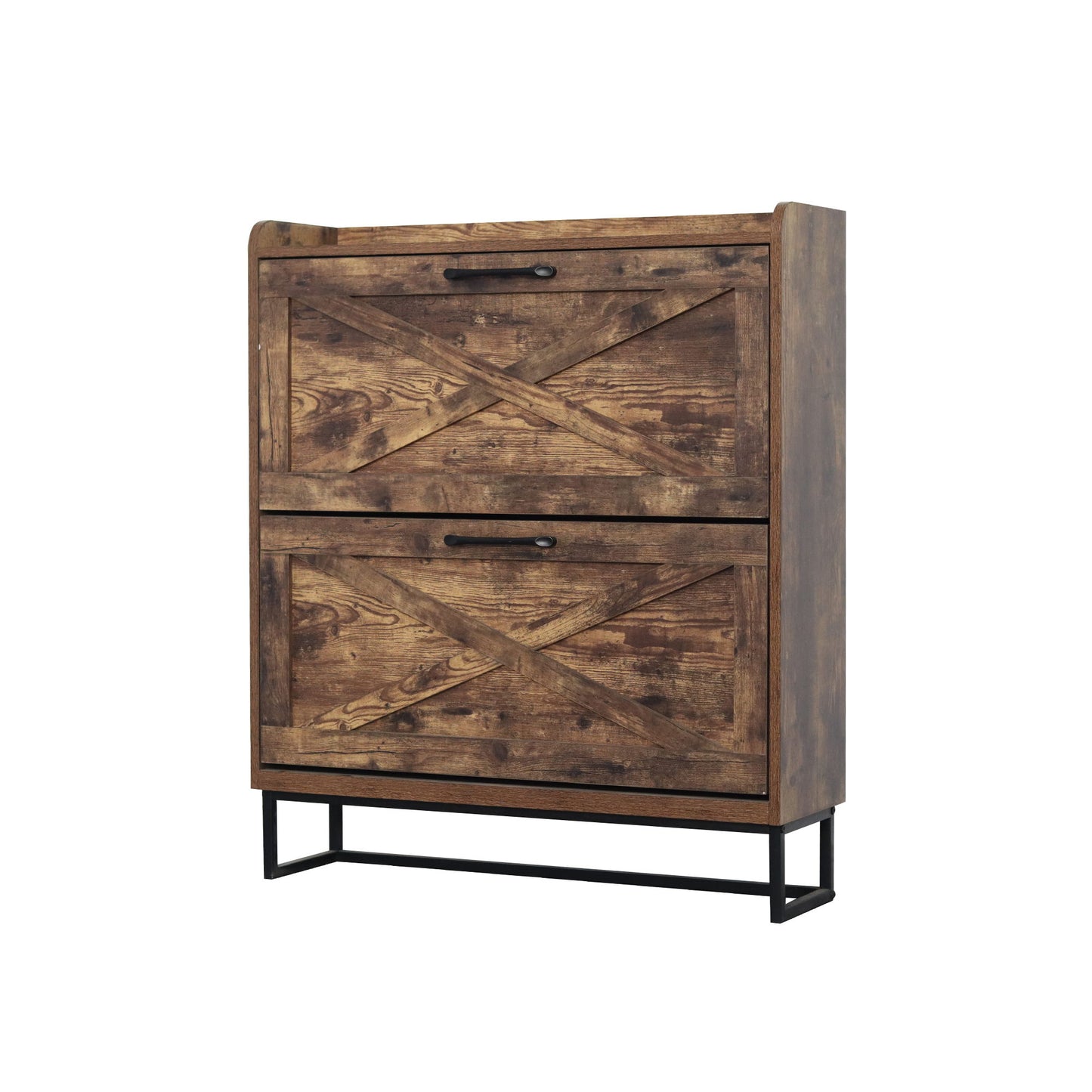 The Shoe Storage Cabinet features 2 flip drawers, a rustic brown finish, metal legs, and a narrow design, serving as a freestanding organizer for the entryway. Photographed against a white background.