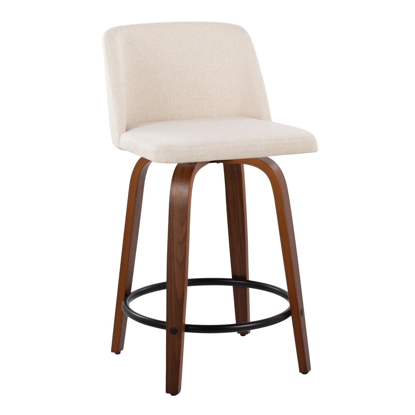 The Toriano set includes two mid-century modern counter stools, each featuring a cushioned cream seat and backrest, a black round footrest, and four curved wooden legs for a sleek appearance.