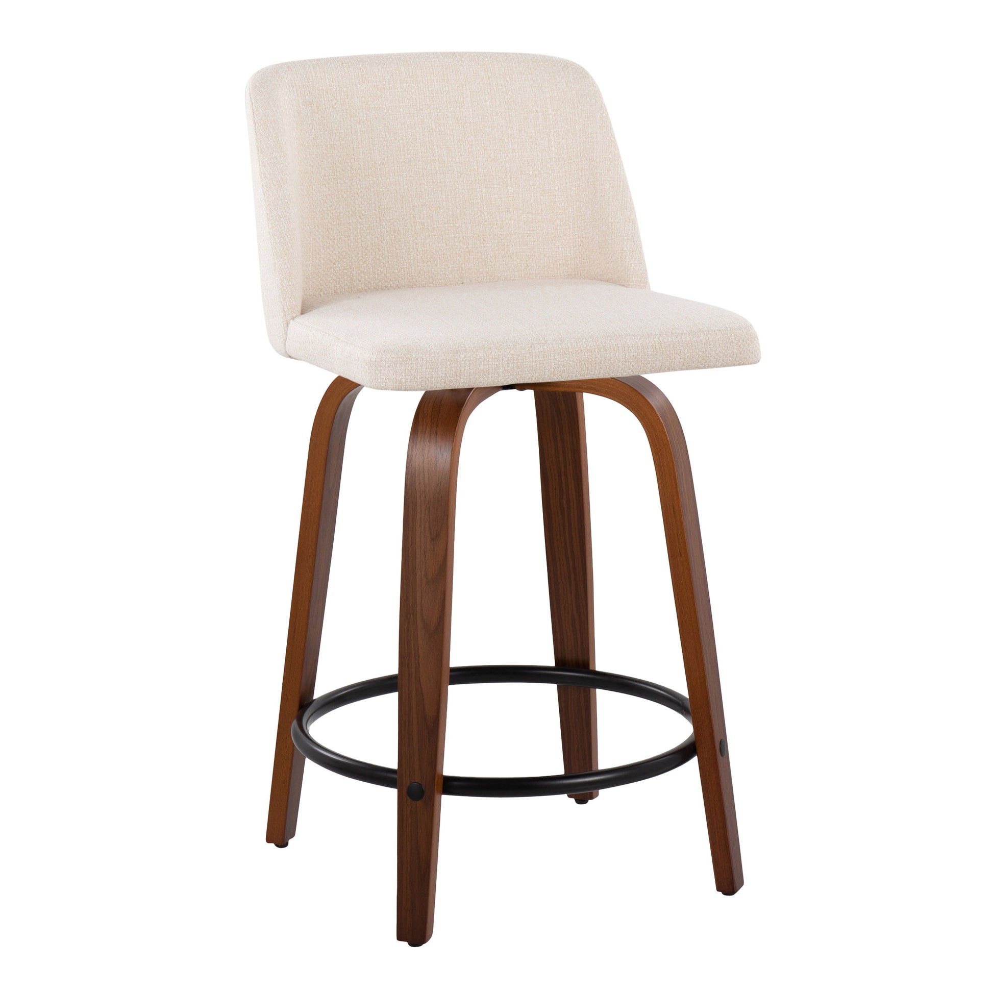The Toriano set includes two mid-century modern counter stools, each featuring a cushioned cream seat and backrest, a black round footrest, and four curved wooden legs for a sleek appearance.