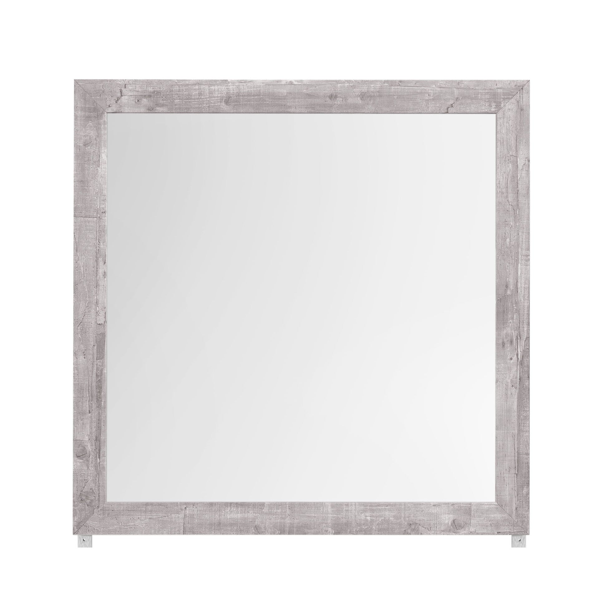The Couch.com Rover Mirror features a large square design with a rustic, weathered gray wood frame and gray finish, beautifully set against a plain white background.