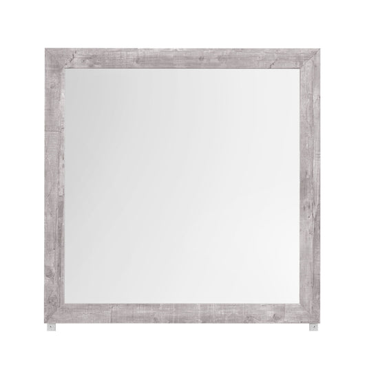 The Couch.com Rover Mirror features a large square design with a rustic, weathered gray wood frame and gray finish, beautifully set against a plain white background.