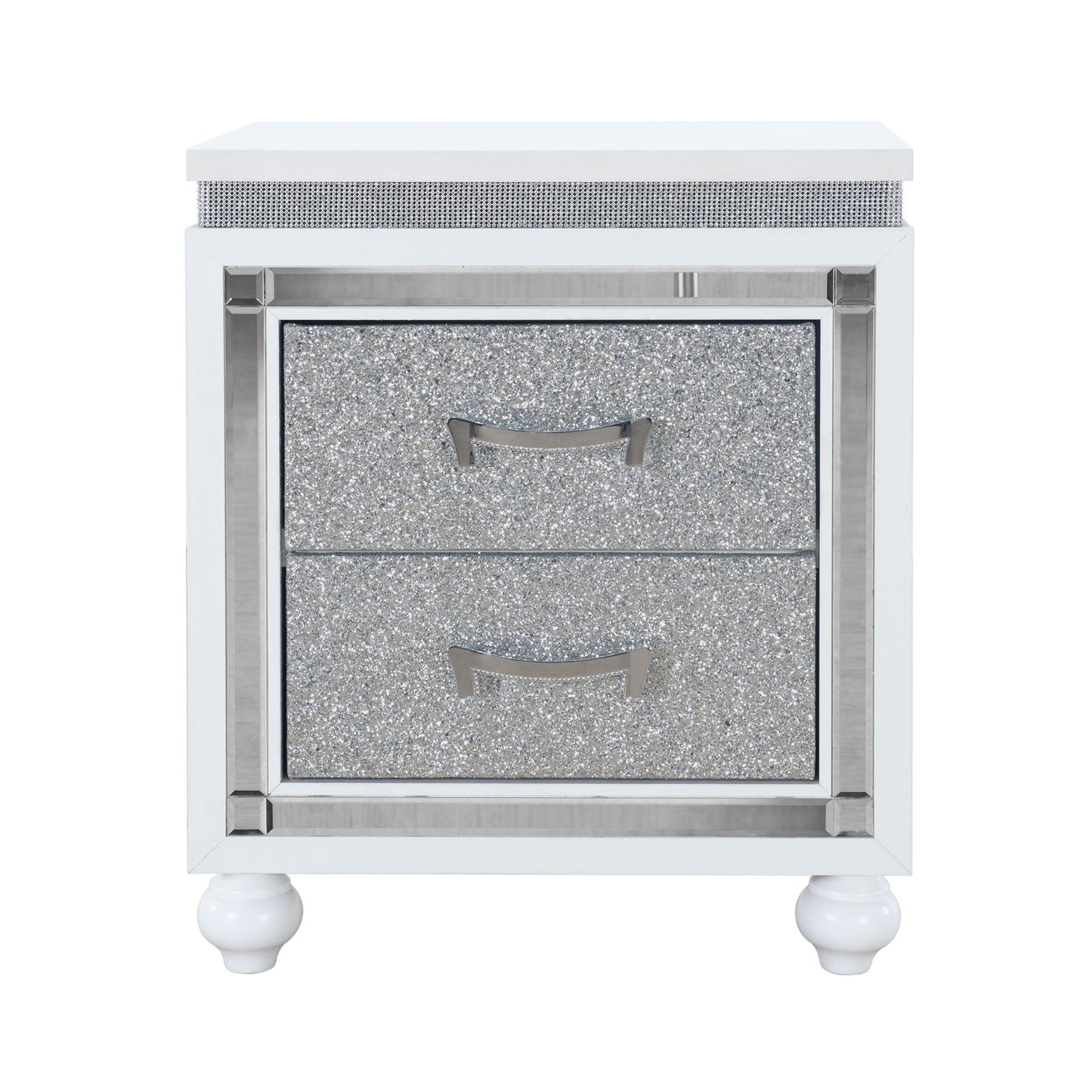 The Couch.com Maloise Nightstand features a modern white and gray finish, durable wood construction, storage with silver drawers and handles, decorative trim, and stands on four rounded white legs.