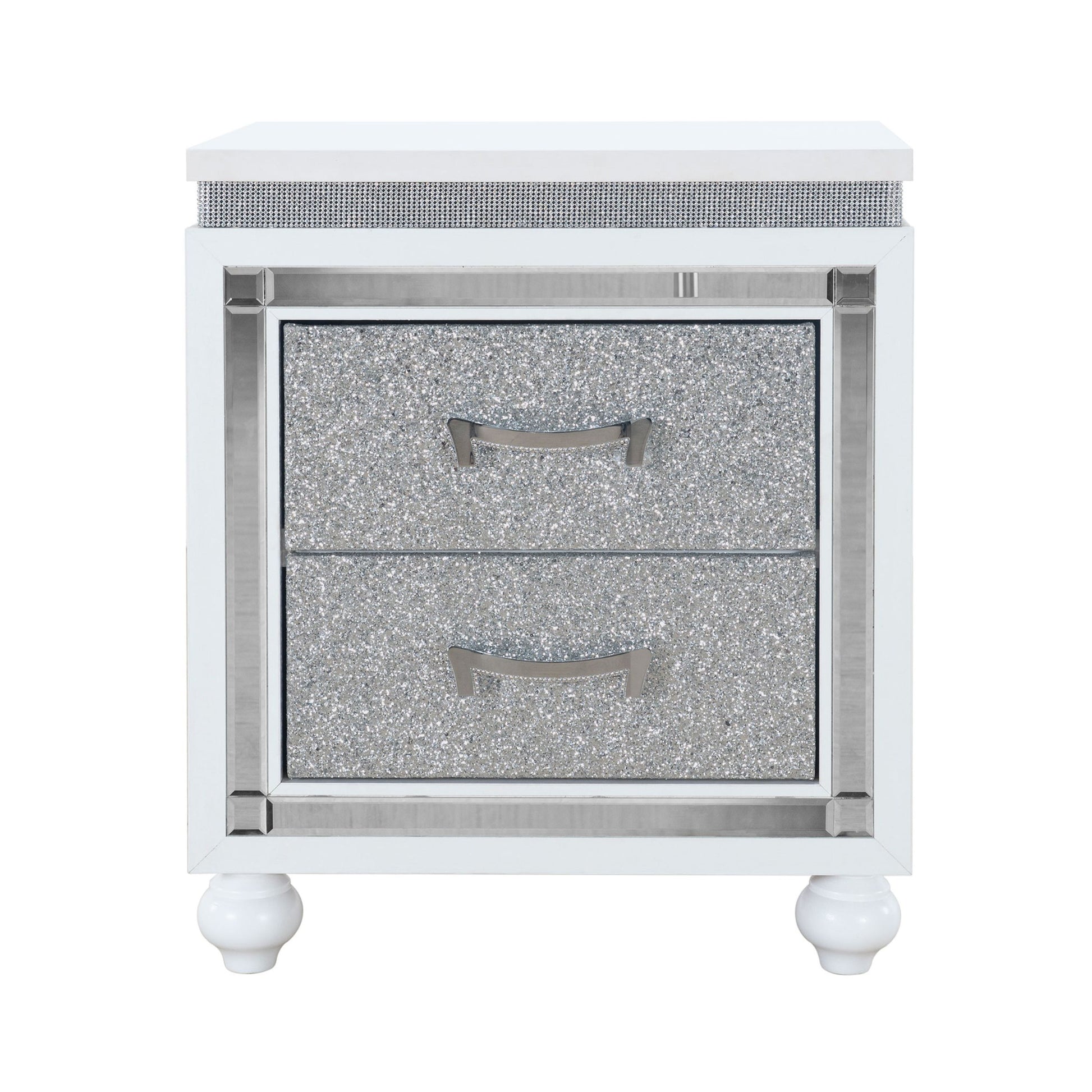 The Couch.com Maloise Nightstand features a modern white and gray finish, durable wood construction, storage with silver drawers and handles, decorative trim, and stands on four rounded white legs.