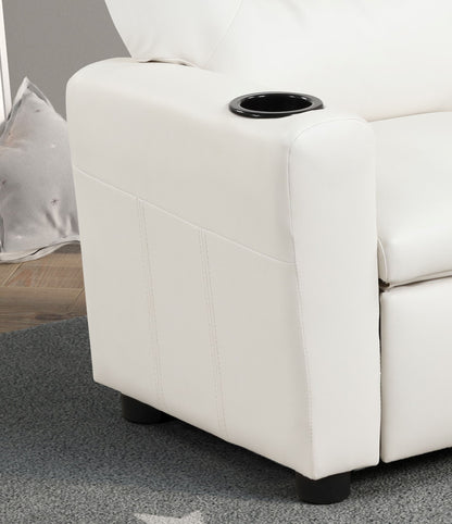 A close-up of the Marisa - PU Leather Kids Recliner Chair With Cupholder shows its modern white armrest with a built-in black cup holder, set on a gray carpeted floor. A pillow is partially visible in the background.