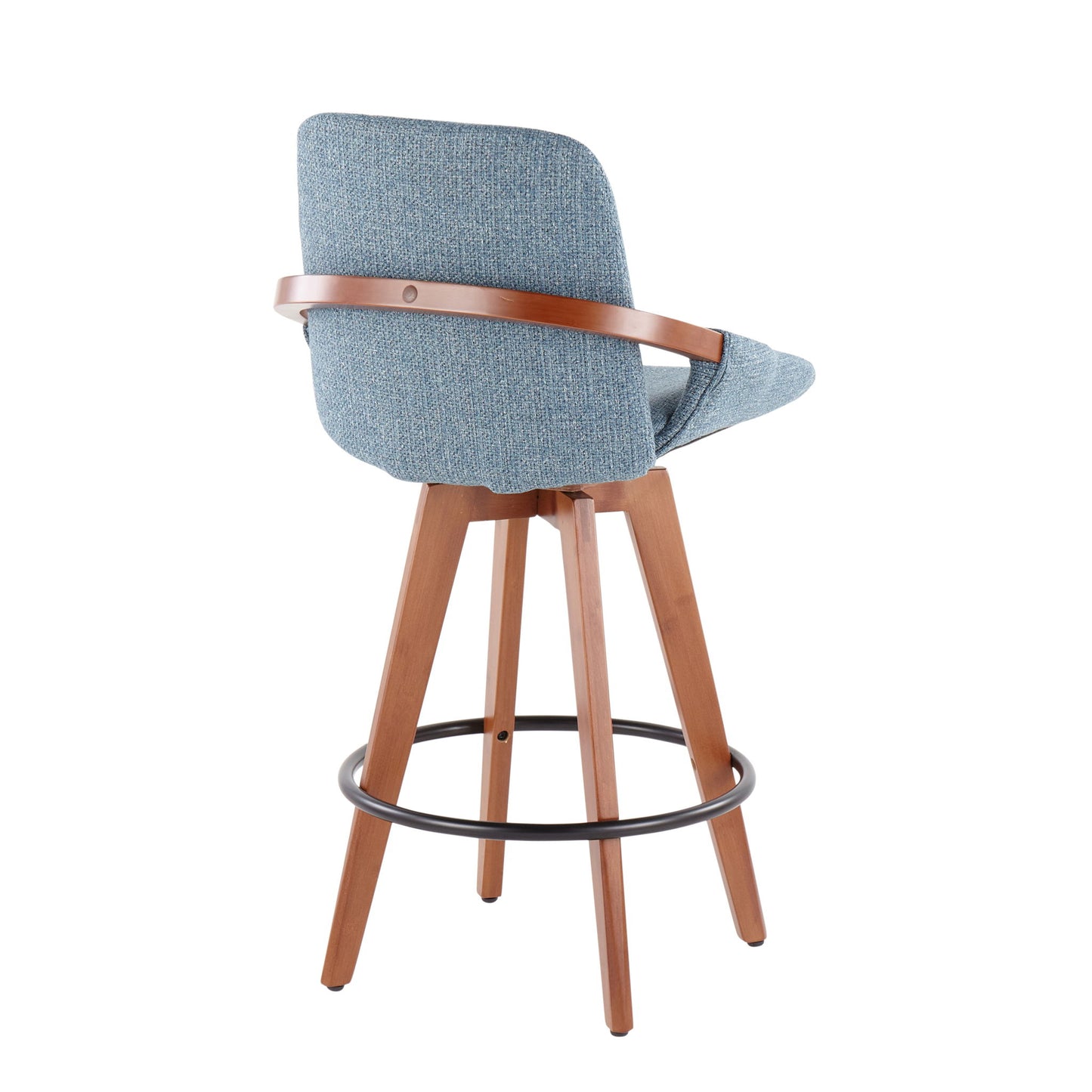 The Cosmo - Mid Century Counter Stool features a blue upholstered seat, wooden legs, a curved wooden back accent, and a black metal footrest, displayed against a white background.