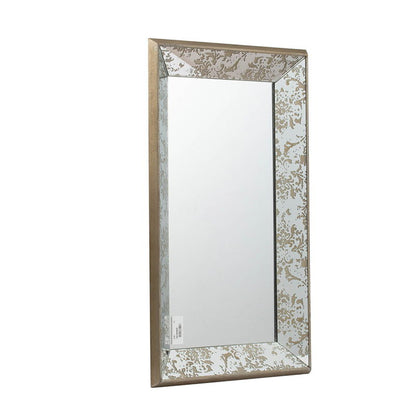 The Antique Rectangle Mirror With Floral Accents features a wide, textured gold and silver ornate frame. Displayed at a left angle, this mirrored tray wall mirror showcases its elegant floral border and reflective surface.