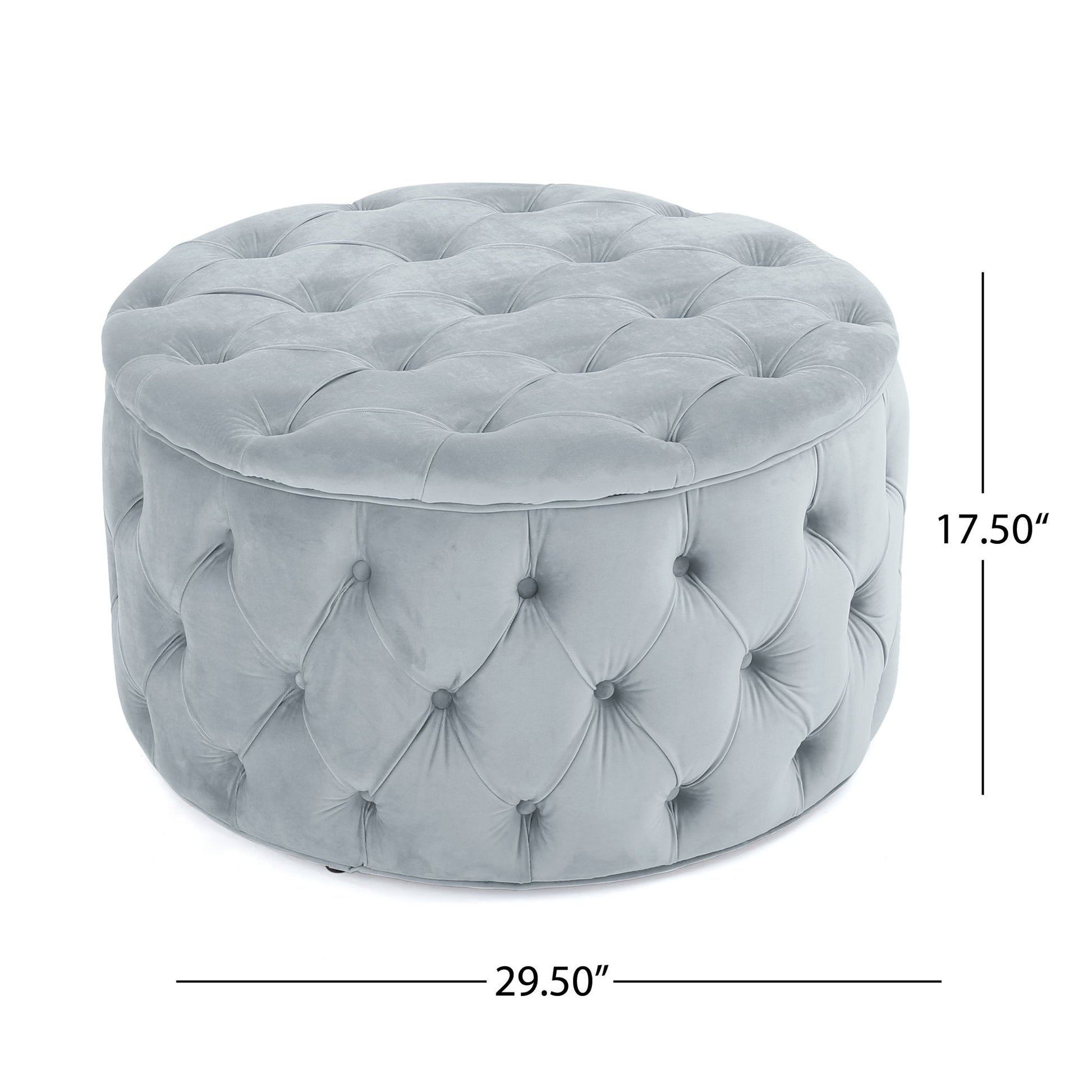 The Modern Glam Ottoman Velvet is a round, tufted ottoman in light gray with plush velvet upholstery, measuring 17.50"H x 29.50"W.