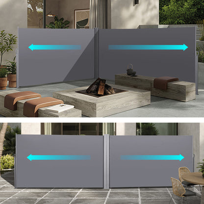 Two views of a modern patio with wooden seating and a fire pit, bordered by gray Retractable Side Awning Privacy Screen Dividers (Waterproof & UV-Resistant), shown with glowing blue arrows indicating the panels can roll open.
