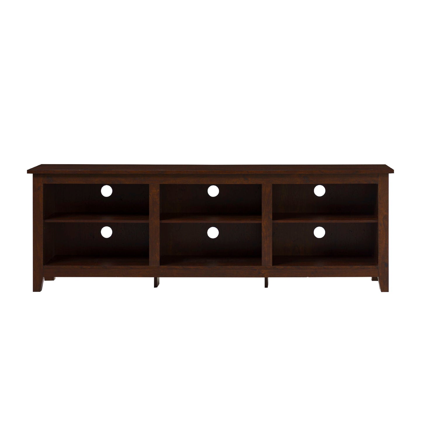 The Couch.com Modern Transitional 70" TV Stand features a dark brown wood construction, six open shelves for media storage, and circular cable management holes on the back panels. Designed for TVs up to 80".