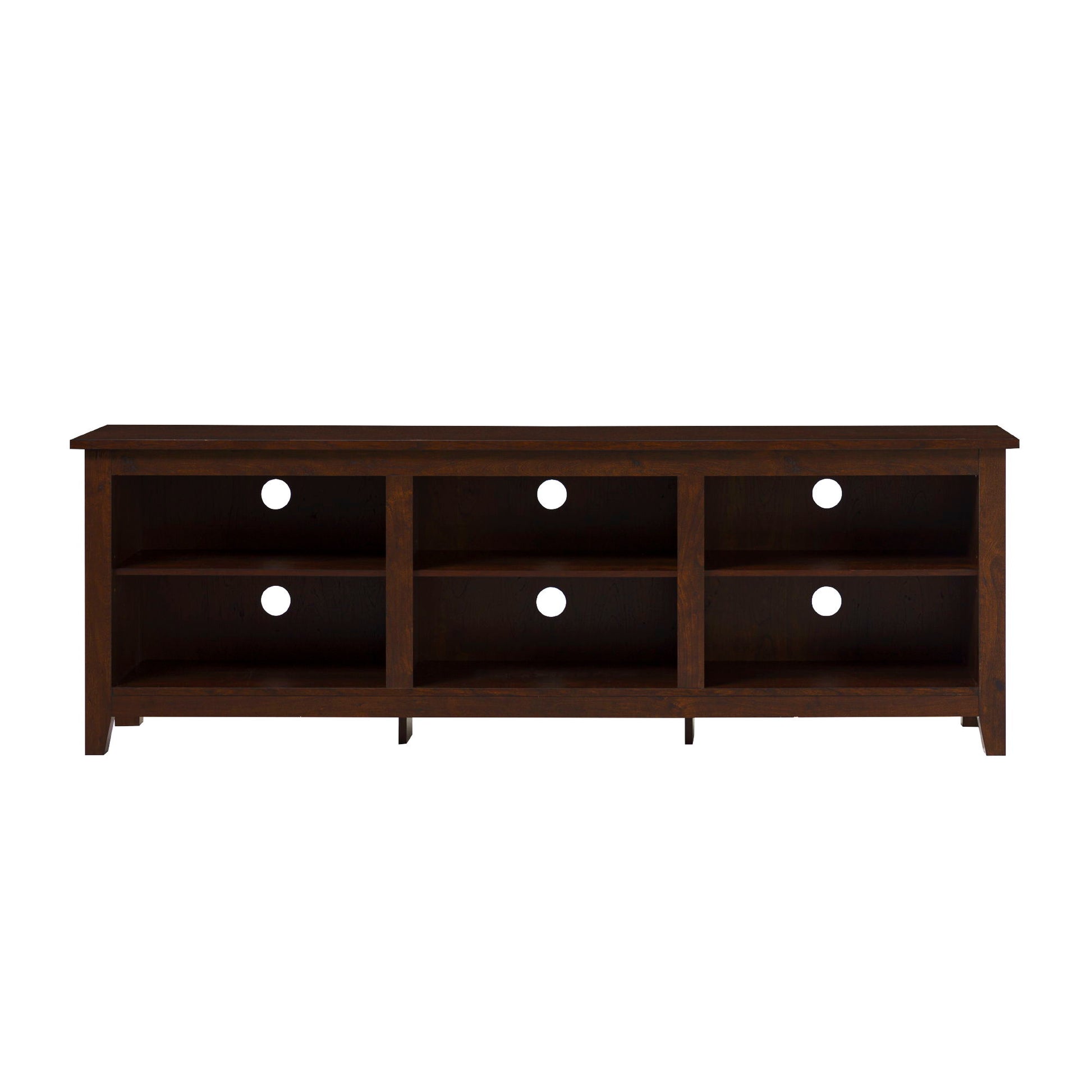 The Couch.com Modern Transitional 70" TV Stand features a dark brown wood construction, six open shelves for media storage, and circular cable management holes on the back panels. Designed for TVs up to 80".