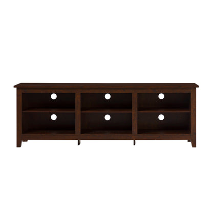 The Couch.com Modern Transitional 70" TV Stand features a dark brown wood construction, six open shelves for media storage, and circular cable management holes on the back panels. Designed for TVs up to 80".