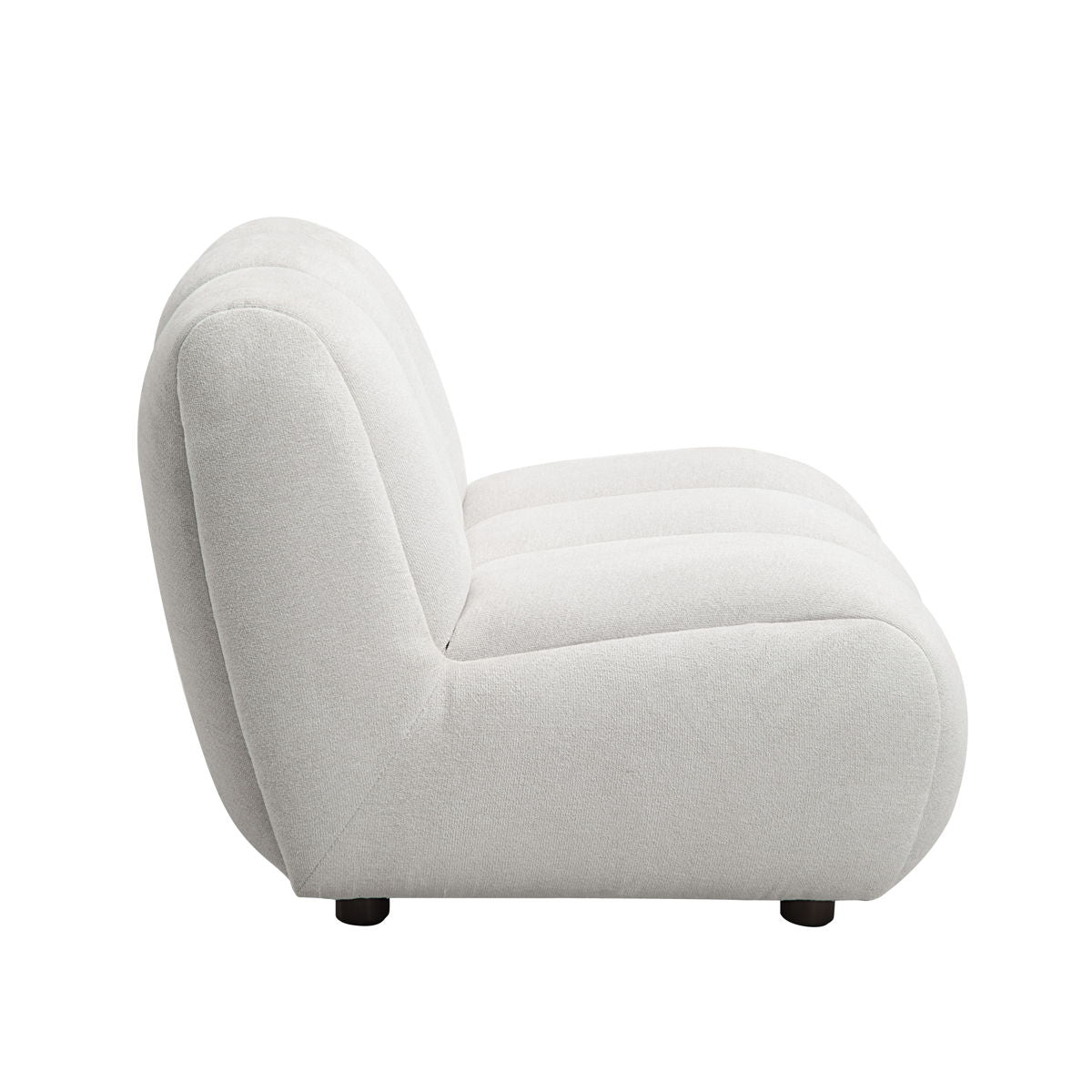 Side view of the Couch.com Manilla Linen Chair in Ivory White, featuring a modern armless design with durable fabric construction, plush cushioning, rounded edges, short black legs, and a white finish—isolated on white background.