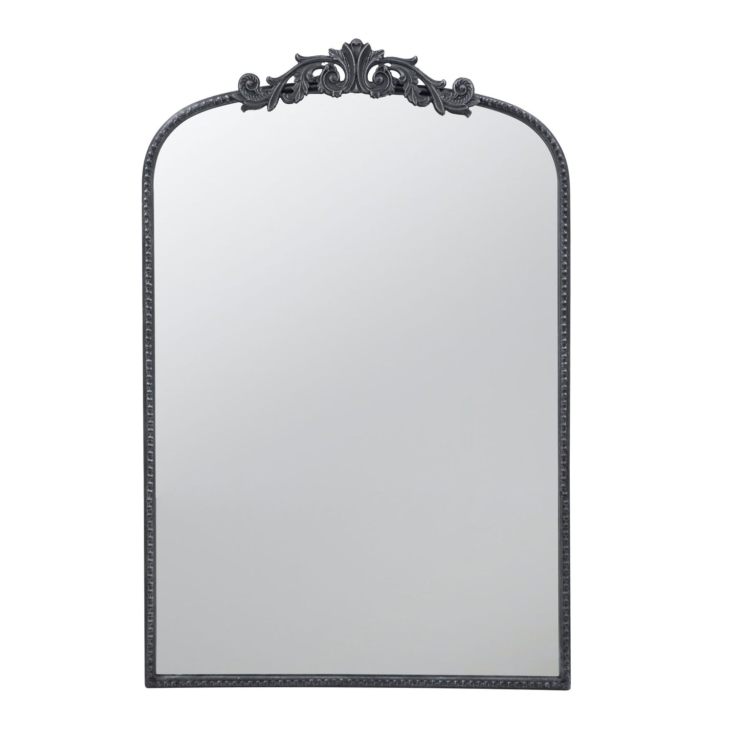 The Arch Mirror is a baroque-inspired wall decor piece for the bathroom, bedroom, or living room. It features a rectangular shape with rounded top corners, an ornate black decorative frame, and intricate detailing at the top center.