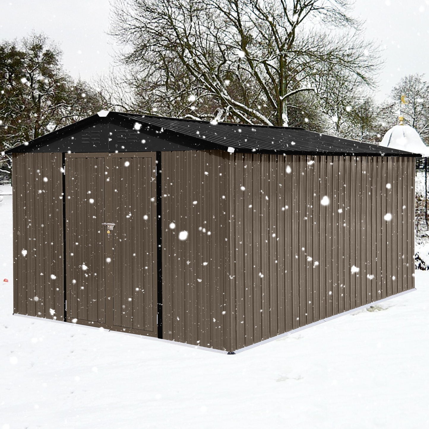 A 10'x12' Garden Sheds Outdoor Storage Shed with a brown body and black roof sits in a snowy landscape, snow covering the ground and shed, while leafless trees stand in the background.