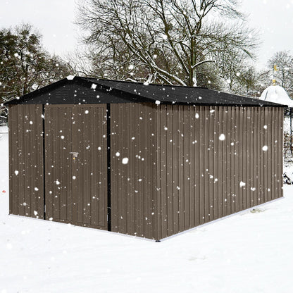 A 10'x12' Garden Sheds Outdoor Storage Shed with a brown body and black roof sits in a snowy landscape, snow covering the ground and shed, while leafless trees stand in the background.
