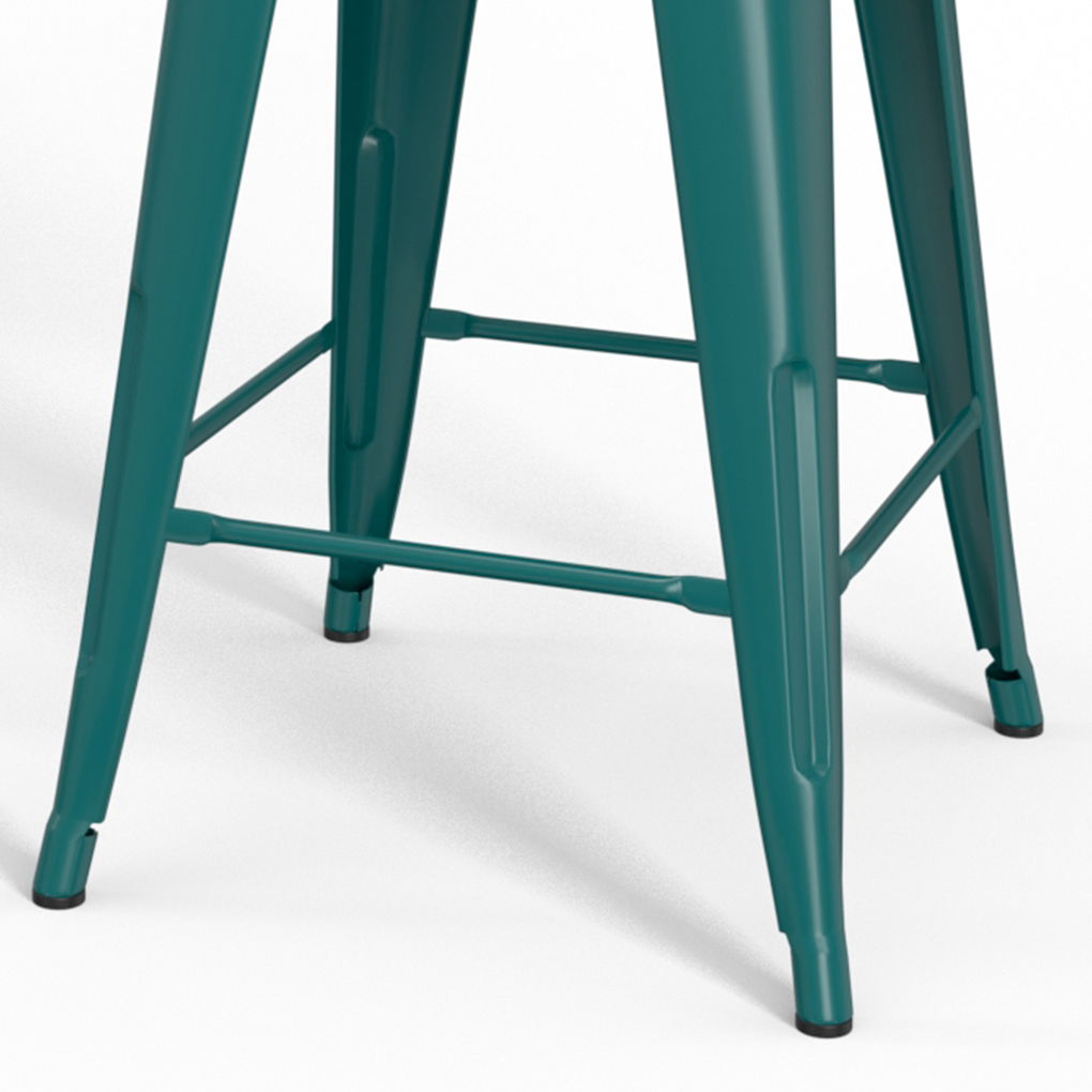 Close-up of the Rayne - Multifunctional Metal Stool's teal metal legs with crossbars and black foot caps, standing on a white surface.