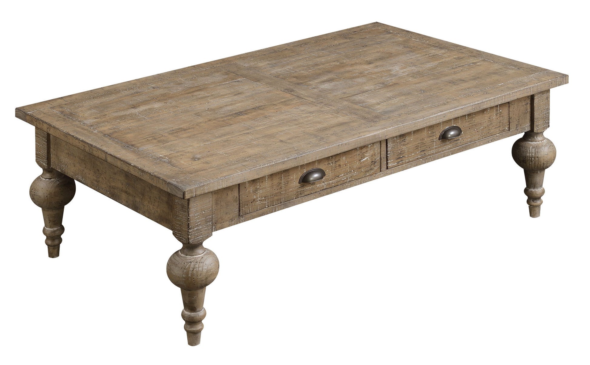 The Ludin Coffee Table in taupe is rectangular with a rustic finish, two drawers with dark metal handles, and four turned legs.