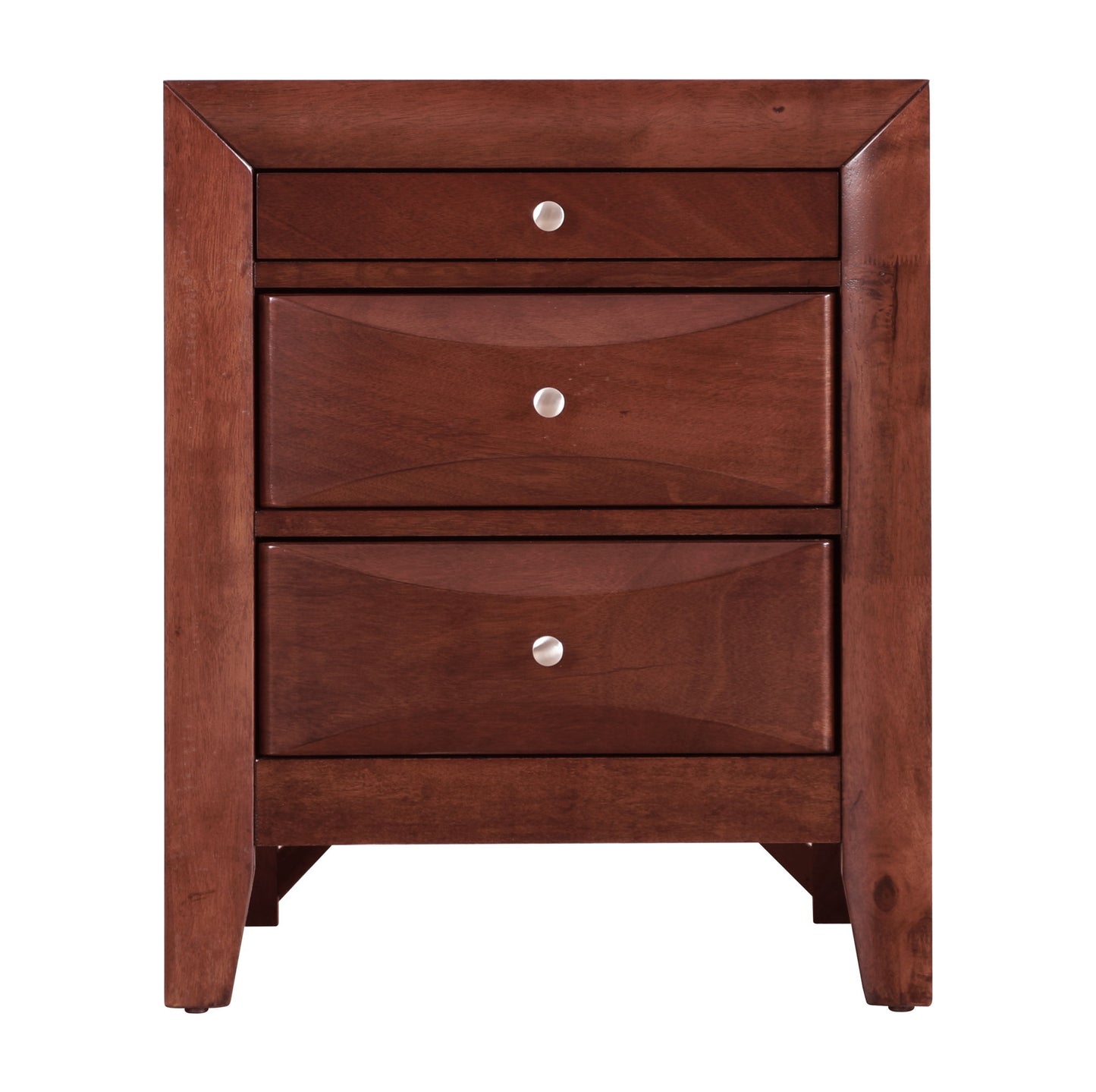 The Marilla Nightstand is a wooden piece with a dark brown finish, three drawers featuring round silver knobs, and slightly tapered legs.
