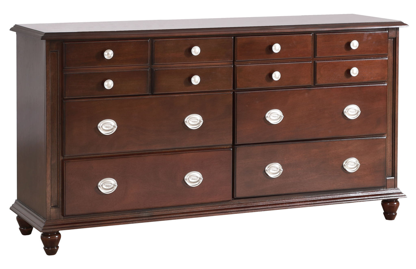The Elegant Traditional Dresser is a dark wood piece with nine drawers in assorted sizes, each with white round handles. It features short, turned legs and a smooth, flat top for added style and utility.