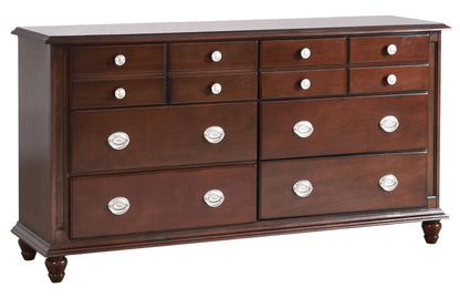 The Elegant Traditional Dresser is a dark wood piece with nine drawers in assorted sizes, each with white round handles. It features short, turned legs and a smooth, flat top for added style and utility.