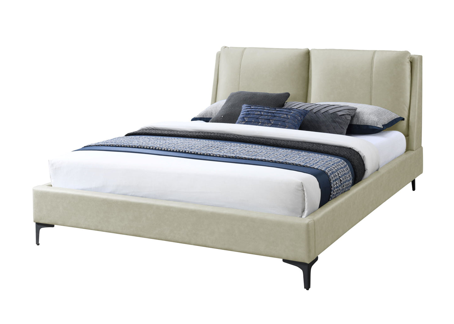 The Fully Upholstered Bed features a tall, padded beige headboard and is styled with white, blue, and gray bedding plus decorative pillows, shown against a white background.