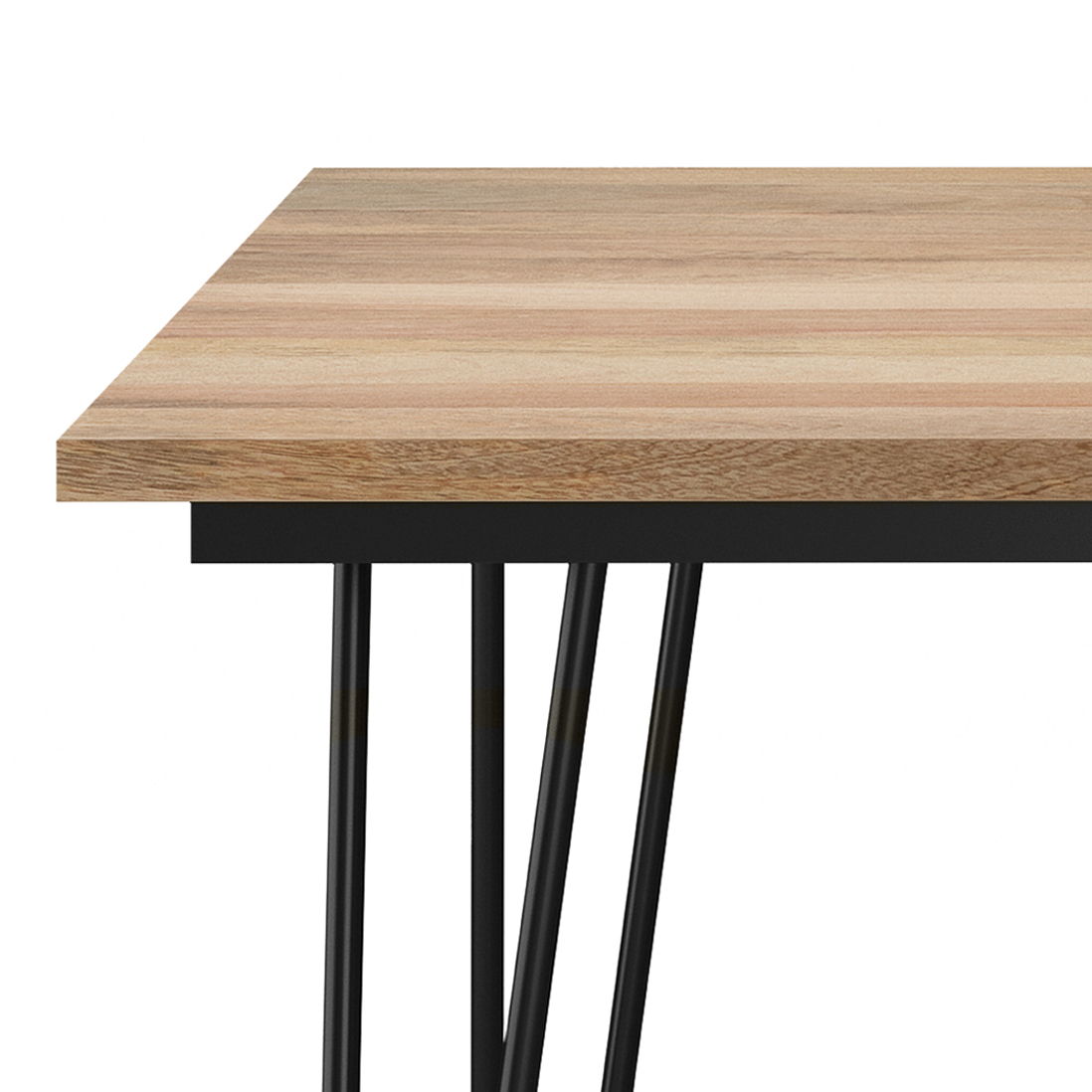 A close-up of the Hunter - Square Tabletop Dining Table, featuring a light wood surface and black metal legs against a white background.