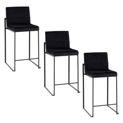Three Fuji High Back Counter Stools, featuring contemporary modern elegance with black square seats and minimalistic metal frames, are arranged in a staggered row on a white background.