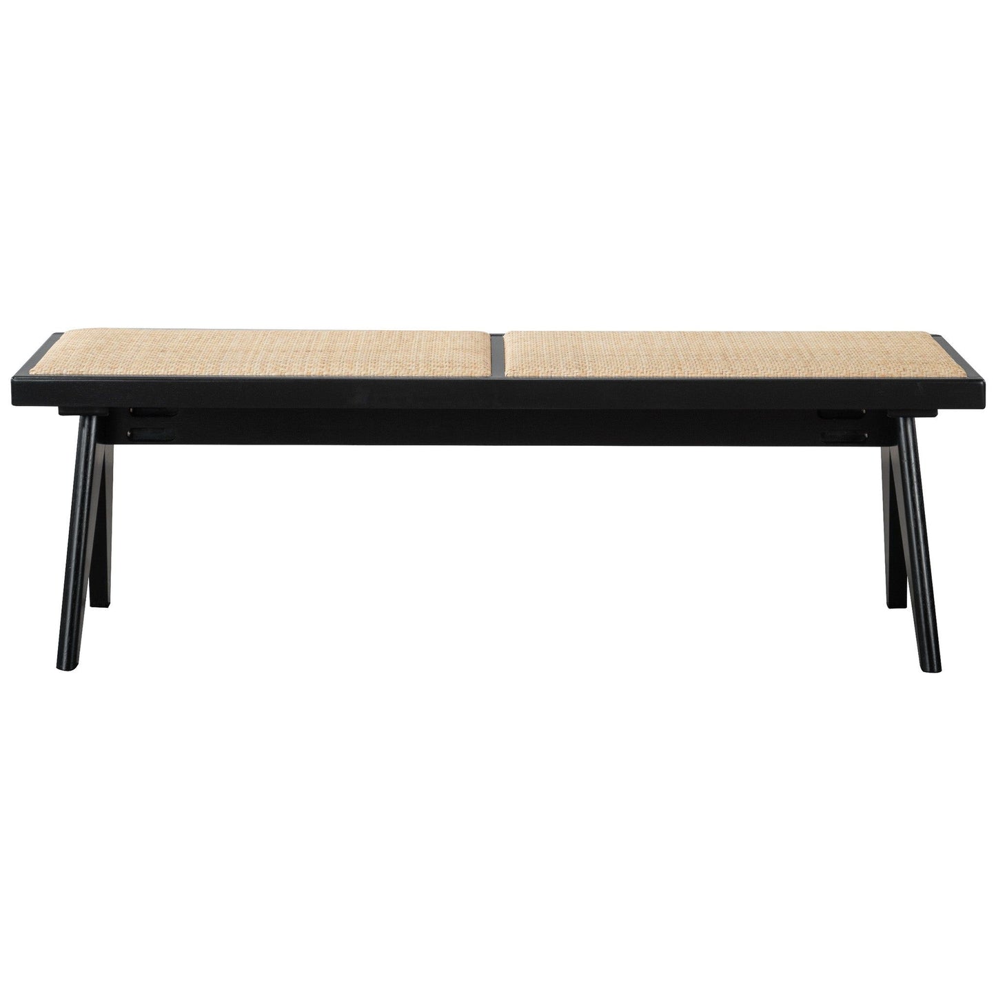 The Keira - Modern Aesthetics Bench features a minimalist design with a black wooden frame, angled legs, and a light tan woven seat, blending modern style with functional appeal.