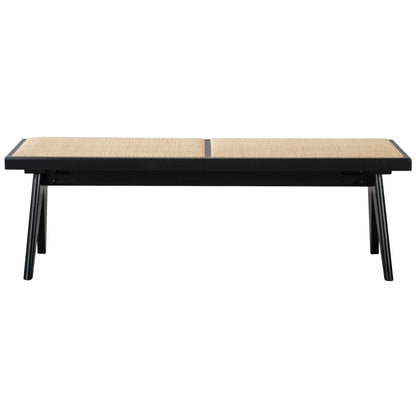 The Keira - Modern Aesthetics Bench features a minimalist design with a black wooden frame, angled legs, and a light tan woven seat, blending modern style with functional appeal.