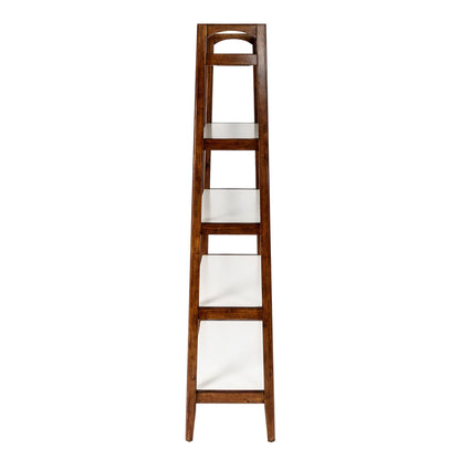 The Mid-Century Design 5 Shelf Bookcase in Off White/Pecan features a tall, narrow frame with five shelves that decrease in size from bottom to top, giving it a stylish, ladder-like look and a warm brown pecan finish.