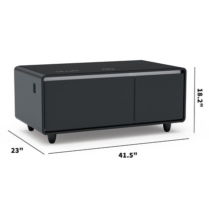 Modern Smart Coffee Table with built-in fridge, Bluetooth speaker, wireless charging, touch control panel, USB interface, outlet protection, and atmosphere light; black rectangular design with two front doors on four short legs; 23"D x 41.5"W x 18.2"H.