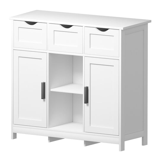 This white wooden floor cabinet features three top drawers, two side cabinets with handles, and two open shelves in the center. Its simple, modern design makes it ideal for living rooms, bedrooms, or bathrooms as accent storage furniture.