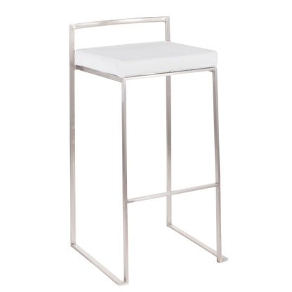 The Fuji barstool features a contemporary, elegant design with a slim silver metal frame, white cushioned seat, footrest bar, no armrests, and minimalistic open style. Stackable for easy storage.