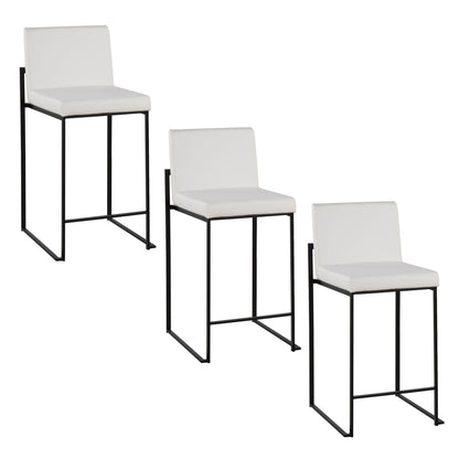 Three Fuji High Back Counter Stools, showcasing contemporary modern elegance with white cushioned seats and black metal frames, are arranged in a staggered layout on a white background.