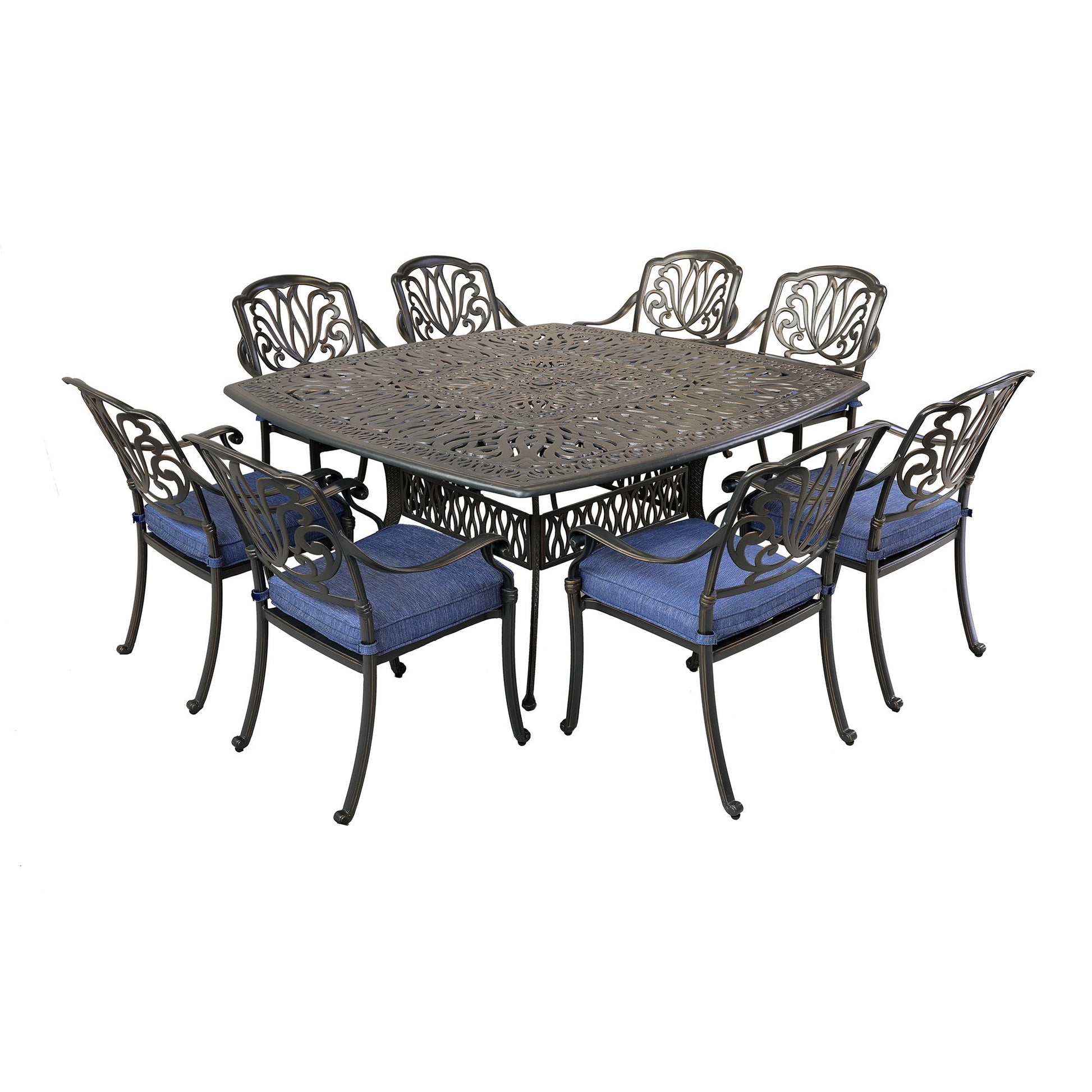 The Square 8 Person 64" Long Aluminum Dining Set With Cushions features a dark metal square table with ornate details and eight matching chairs with blue cushions, all displayed against a white background.