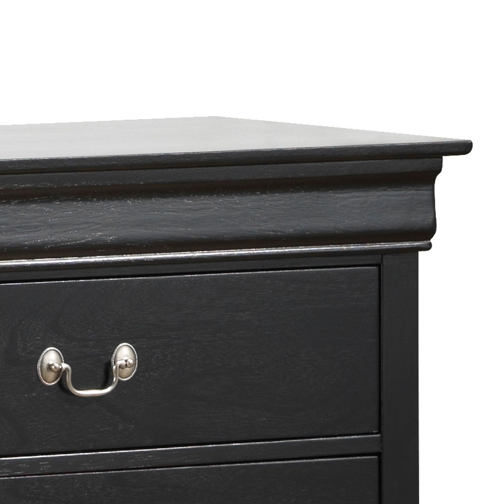 A close-up of the Elegant Traditional Storage Dresser shows its dark wood finish, silver drawer handles, and decorative top edge.