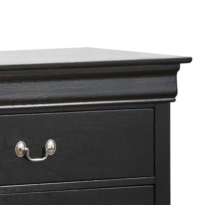 A close-up of the Elegant Traditional Storage Dresser shows its dark wood finish, silver drawer handles, and decorative top edge.