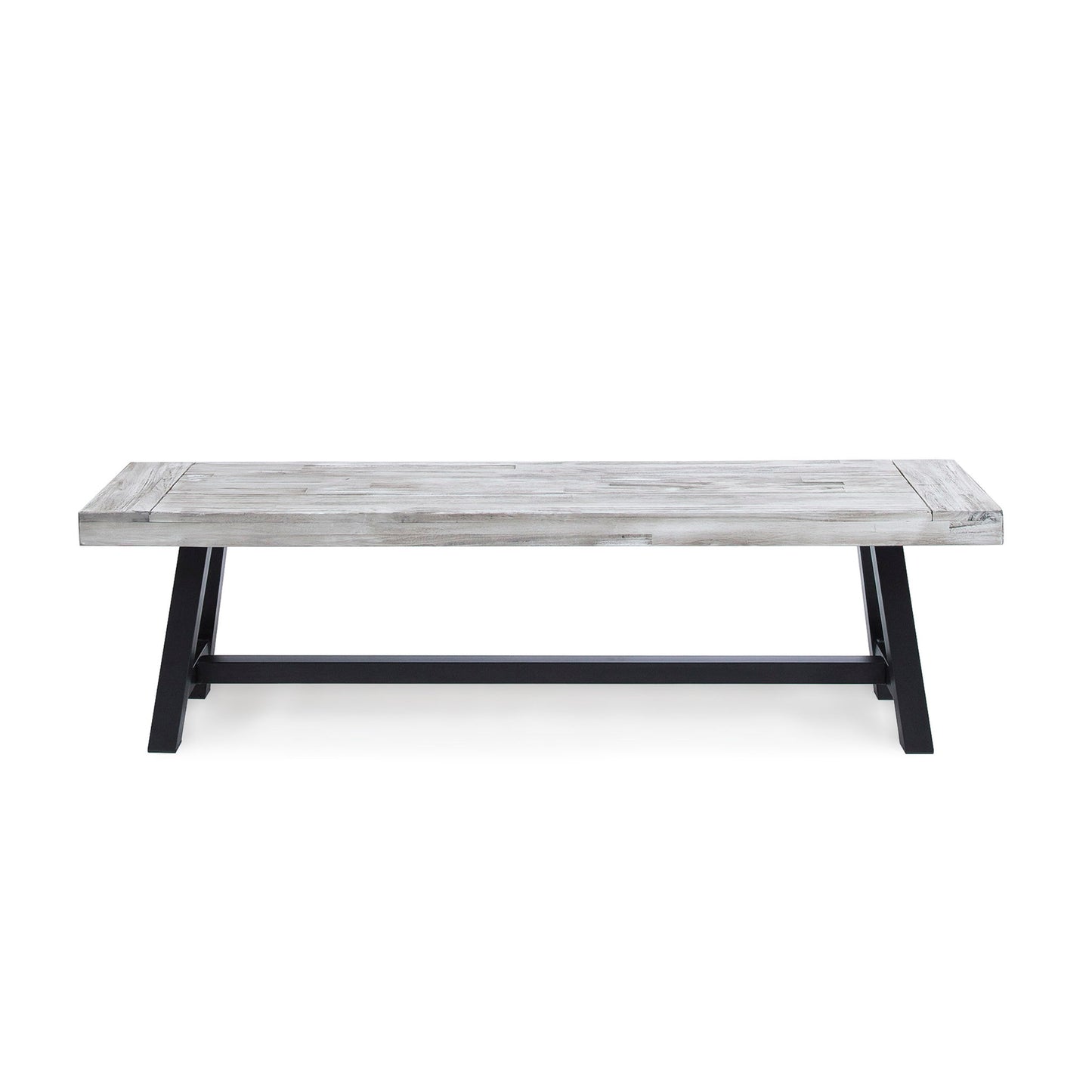 The Tranquilizer Outdoor Acacia Wood Bench features a slat panel design, light weathered finish, and black angled legs, shown here against a plain white background.