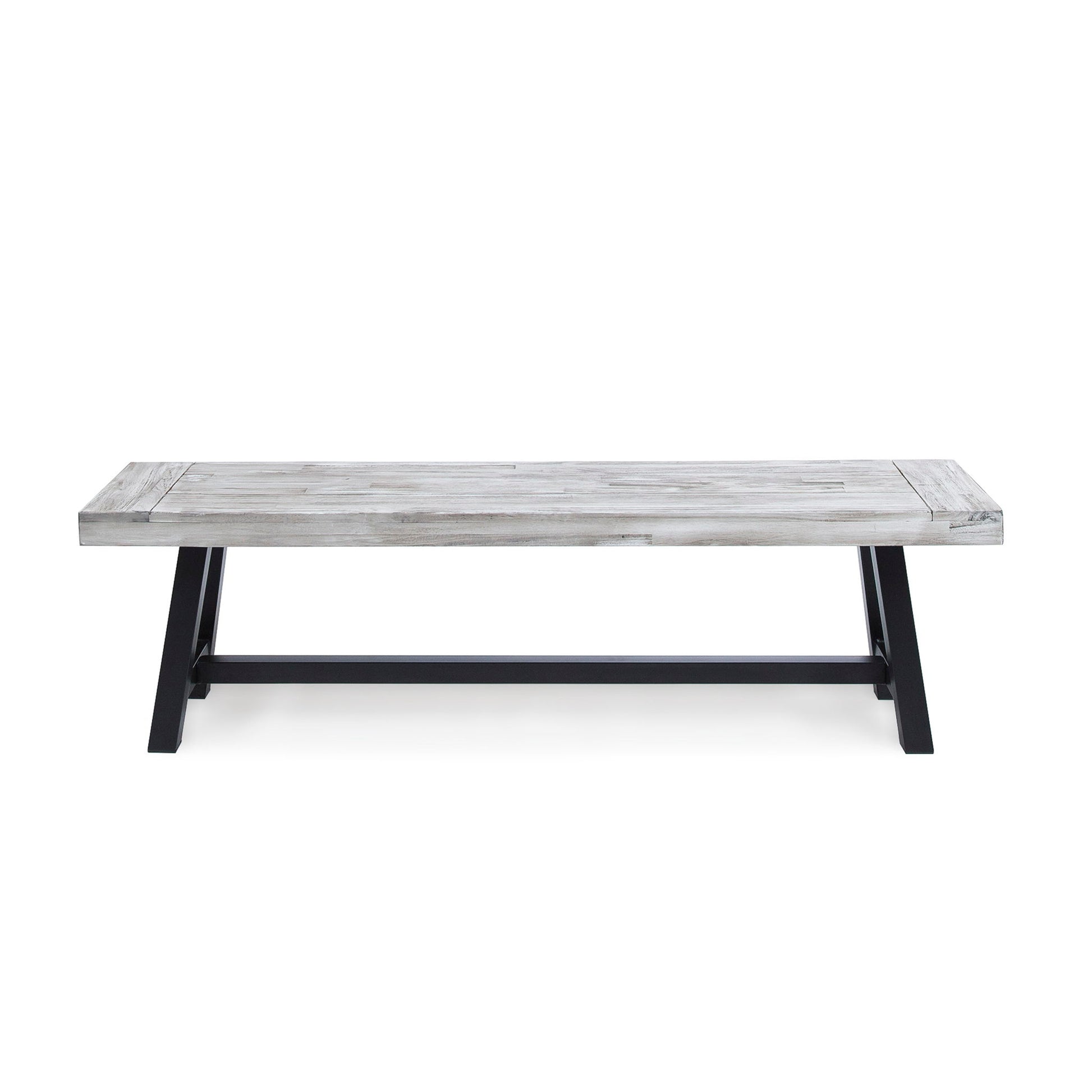 The Tranquilizer Outdoor Acacia Wood Bench features a slat panel design, light weathered finish, and black angled legs, shown here against a plain white background.