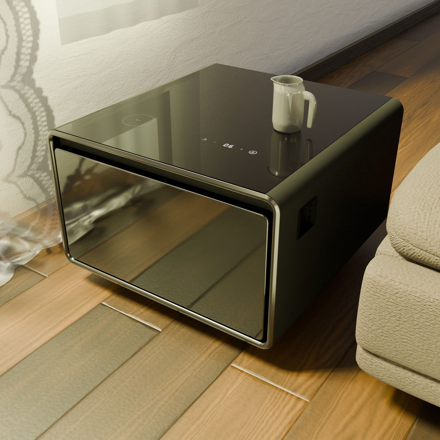 A Modern Smart Side Table with built-in fridge, wireless charging, temperature control, power socket, and USB ports sits by a beige sofa on a wooden floor near a window with sheer curtains. A white mug rests on its glass top.