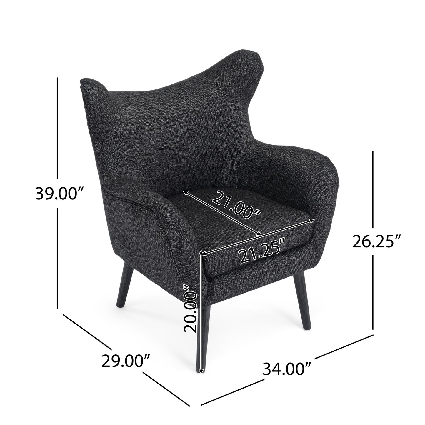 The Mid-Century Modern Arm Chair with Wingback Design and wood legs is upholstered in dark gray and features dimensions of 39"H x 34"W x 29"D, with a seat height of 20", seat depth of 21", seat width of 21.25" and armrest height of 26.25".