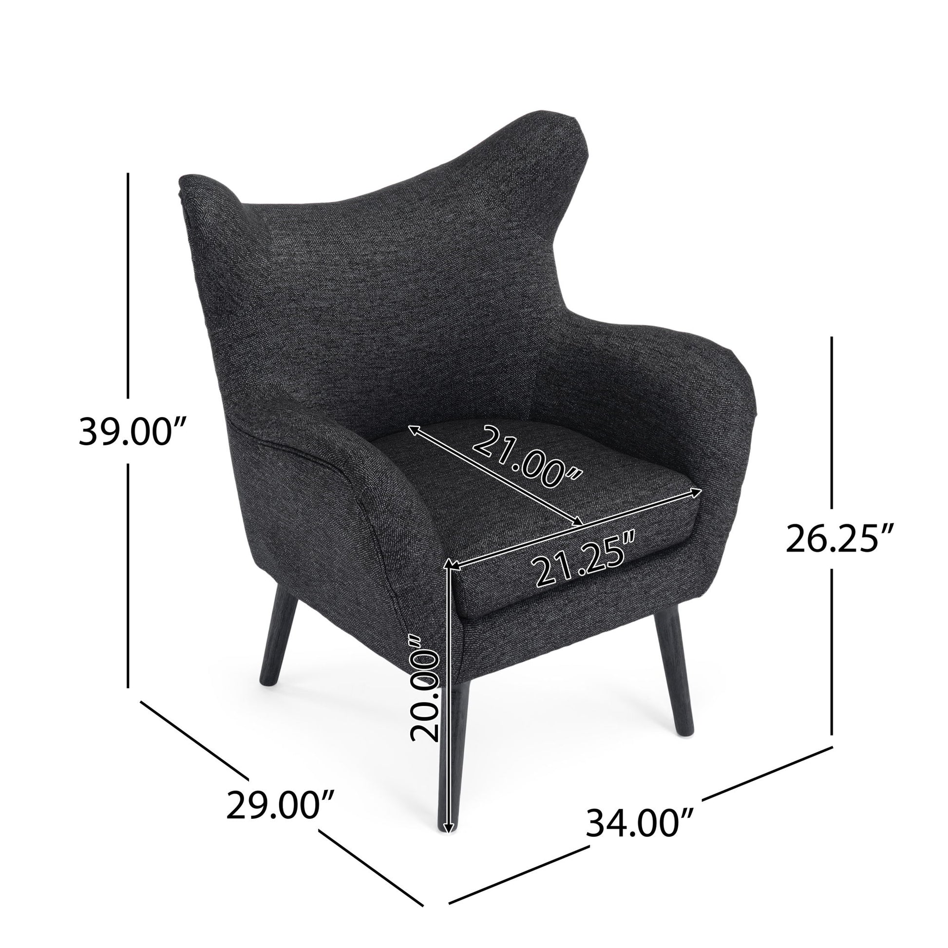 The Mid-Century Modern Arm Chair with Wingback Design and wood legs is upholstered in dark gray and features dimensions of 39"H x 34"W x 29"D, with a seat height of 20", seat depth of 21", seat width of 21.25" and armrest height of 26.25".