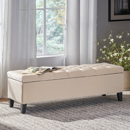 Button Tufted Diamond Stitch Storage Ottoman - Beige