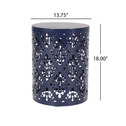 The Outdoor Metal Modern Design End Table is dark blue, cylindrical, features a decorative cut-out pattern, and measures 18" tall by 13.75" in diameter.