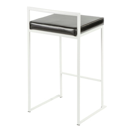The Fuji - Simple Elegance, Contemporary Stackable Counter Stool features a minimalist design with a white metal frame and square black cushioned seat, straight lines, and no backrest or armrests.