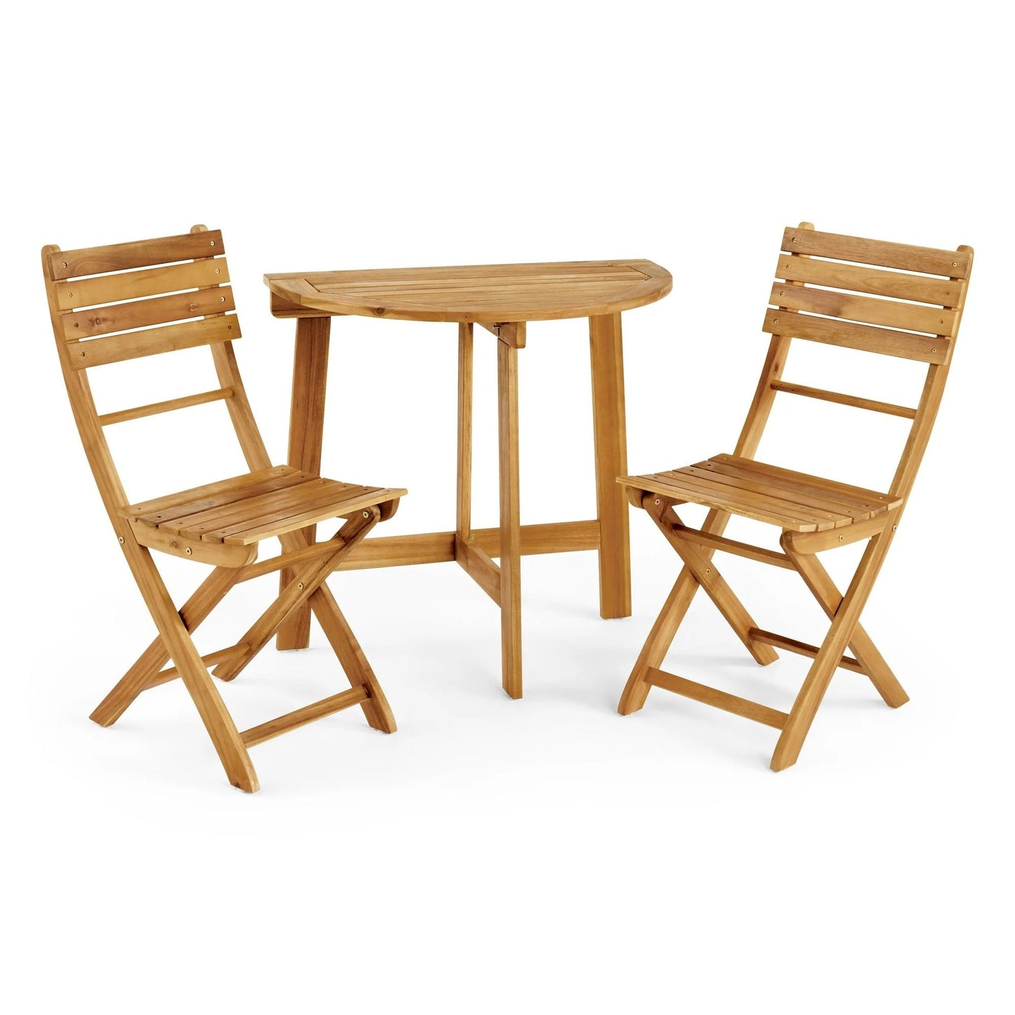The Outdoor 3 Piece Half Round Folding Bistro Set includes a half-moon-shaped table and two slatted folding chairs, all crafted from light brown wood.