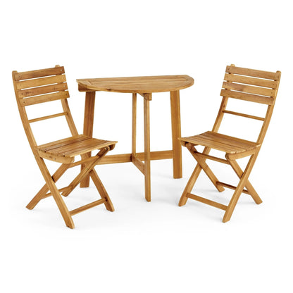 The Outdoor 3 Piece Half Round Folding Bistro Set includes a half-moon-shaped table and two slatted folding chairs, all crafted from light brown wood.